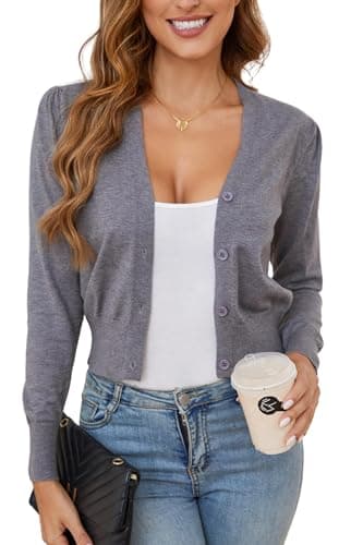 Image of BERESIA Cropped Cardigan for Ladies Womens V-Neck Sweater Long Sleeve with Buttons Elegant, Dark Grey S