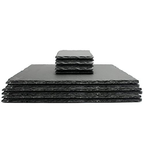 Image of Natural Slate Placemats & Coasters - 12 pcs | Square Drink Coasters & Rectangle Food Place Mats | Fine Cut Tablemats | Contemporary Tableware | M&W