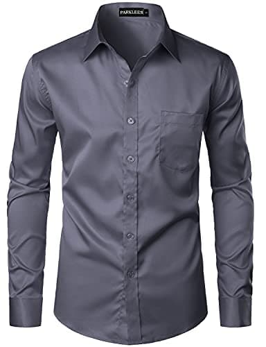 Image of PARKLEES Men's Urban Stylish Casual Business Slim Fit Long Sleeve Button Up Dress Shirt with Pocket Charcoal Gray L