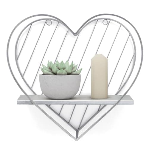 Image of SUMGAR Heart Floating Shelves for Wall with Solid Pine Wood and Metal Wire, Wooden Wall Shelf, Small Wall Mounted Shelf, Shelves for Bathroom, Bedroom, Living Room, Kids' Room and More, Silver Grey