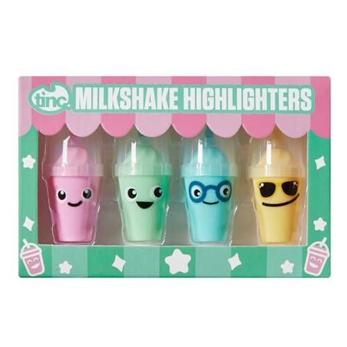 Image of Tinc Milkshake Shaped Coloured Highlighter Pens for Kids | For use at School & Homework - Four Funky Colours - Yellow Green Blue and Pink