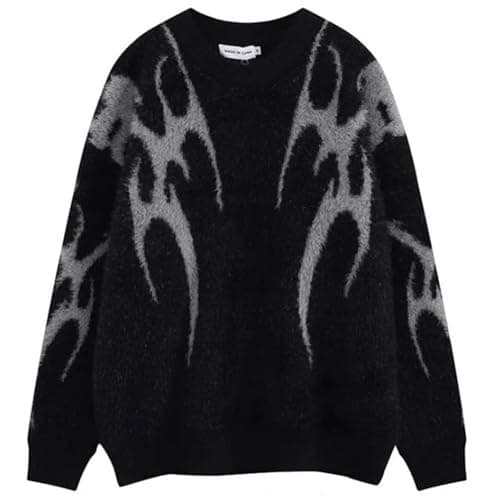 Image of Yimoon Mens Oversized Sweaters Y2K Aesthetic Flame Graphic Crewneck Knitted Casual Pullover Long Sleeve Jumpers, Black01, S