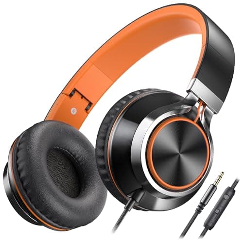 Image of Ailihen C8 Headphones Wired with Microphone Foldable and Adjustable On-Ear Headsets Volume Control HD Stereo Sound 3.5mm Jack for Chromebook, Laptop, Smartphone, Study, Office, Travel (Black/Orange)