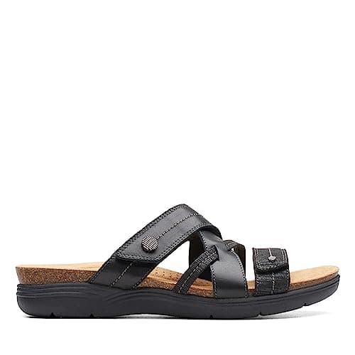 Image of Clarks Women's April Willow Slide Sandal, Black Leather, 8.5 UK