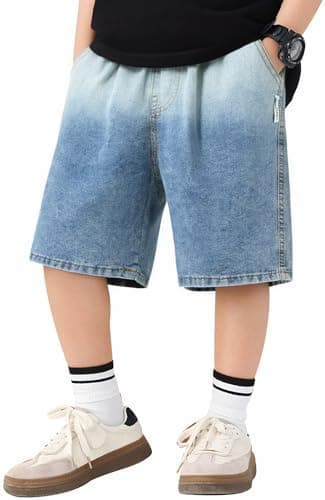 Image of SEAUR Skateboard Kid Short Wide Leg Jeans Boys Cargo Baggy Shorts Y2k Jorts Streetwear Elastic Denim Half Pants Casual School Summer Clothes 11-12 Years Blue Gradient