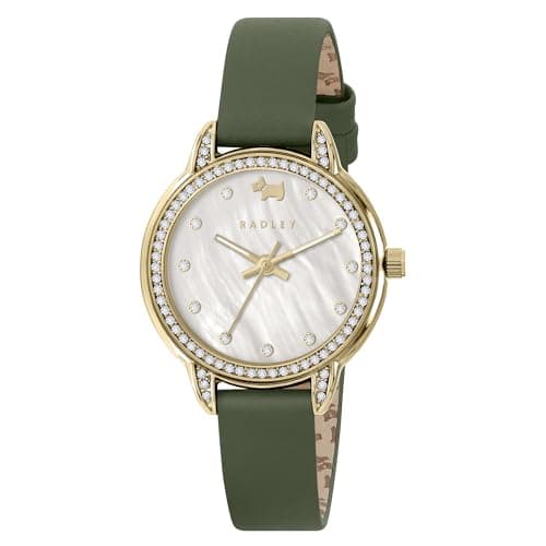Image of RADLEY Womens Gold Plated Stone Set Dark Green Leather Strap Analogue Quartz Watch