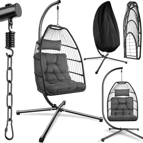 Image of tectake® Luxurious Egg Chair with Stand, Thick Cushions, Polyrattan Weave, Rotatable & Height-Adjustable, Steel Frame, Incl. Protective Cover - Ideal Hammock Chair for Garden, Patio & Balcony - Grey