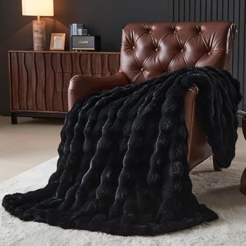 Image of Wajade Luxury Fluffy Rabbit Fur Throw Blanket Super Soft Bubble Faux Fur Blanket Warm Fuzzy Large Blanket for Bed Couch Car Cozy,Black 230x230CM