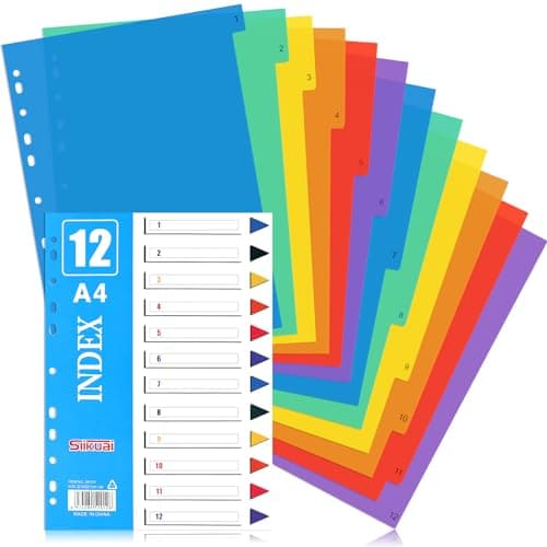 Image of Partideal 3 Pack A4 File Dividers,12 Part Wide Coloured Tabs Multi Hole Punched Plastic Binder Dividers in Assorted Colors for A4 Portrait Documents