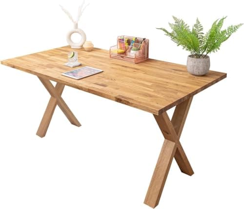 Image of domli Solid Wood Oiled Oak Office Desk With Oak Wooden X Legs | 1200mm x 600mm x 27mm | Fully Finished Premium European Wooden Tabletop And Leg