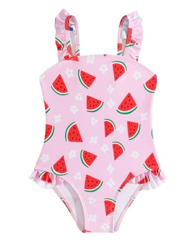 Image of FishingDino Toddler Girls Swimming Costume 1-6T, Cute Baby Kid One Piece Swimsuits Ruffle Adjustable Straps Swimming Suit for Girs Bathing Suits Sunsafe, Pink Watermelon 2-3 Years