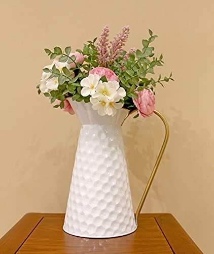 Image of Elegant White Metal Flower Jug Vase, Farmhouse Galvanized Pitcher Vase,Rustic Decorative Milk Jug for Flowers
