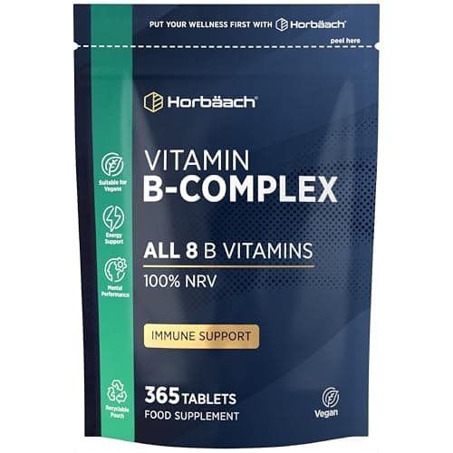 Image of Vitamin B Complex High Strength | 365 Tablets (1 Year Supply) | All 8 B Vitamins | Vitamin B1, B2, B3, B5, B6, B12, Choline, Folic Acid & Biotin | Vegan | By Horbaach
