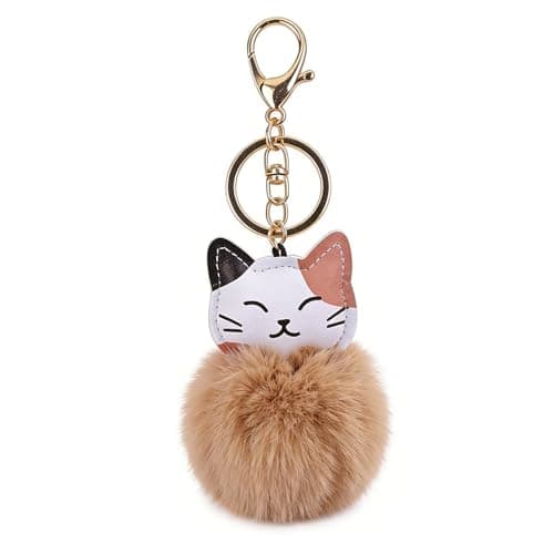 Image of Ling & Bai Plush Cat Pom Pom Keychain Fluffy Cats Purse Charm Cute Pendant Keychain Kawaii Car Key Bag Charms Cats Ornament Gift for Women (Khaki)