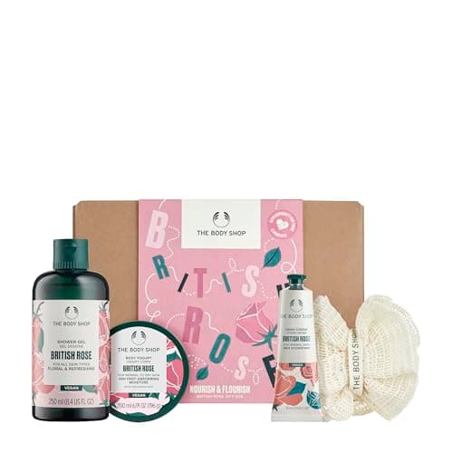 Image of The body shop NOURISH & FLOURISH BRITISH ROSE GIFT BOX 4 Pieces with Shower Gel 250ml, Body Butter 50ml, Hand Cream 30ml and Bath Lily, Vegan