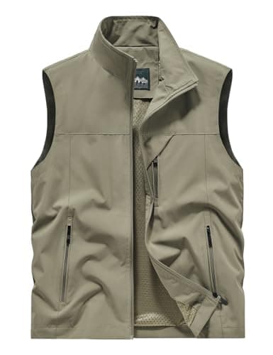 Image of Sukany Men's Casual Fishing Safari Utility Vest Lightweight Quick Dry Cargo Military Gilets Sleeveless Photography Shooting Hunting Camping Waistcoat Outdoor Travel Jacket with Pockets Khaki XL