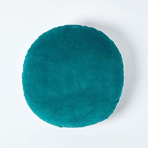 Image of HOMESCAPES Emerald Teal Green Round Velvet Cushion Super Soft Cotton Velvet Filled Scatter Cushion Thick Plain Dark Green Accent Throw Pillow for Sofa and Bed Decoration, 40cm (15") Diameter