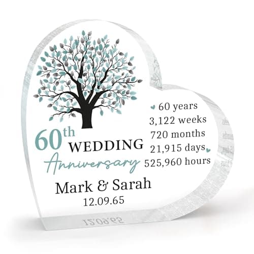 Image of Beecreative Personalised 60th Diamond Wedding - Clear Acrylic Heart Plaque - 60 Year Anniversary Present - With Grey Bag