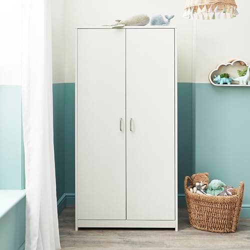 Image of Babymore Caro Nursery Wardrobe White - 2 Door White Wash Full Size Wardrobe With Handles, 2 Hanging Rails, Wooden Wardrobe Clothes Organizer Storage Cabinet With Top Shelf | Bedroom Furniture