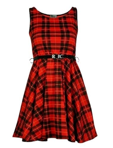 Image of Womens Sleeveless Belted Tartan Check Print Skater Flared Dress size UK 8-26 (Red Tartan, 14)