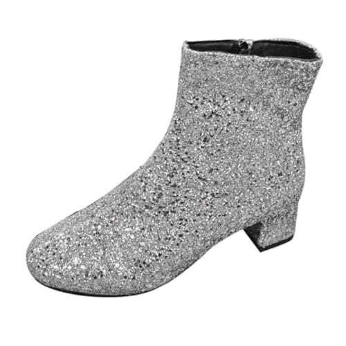 Image of DFSDJEUW leather boots womens Ladies Boots Chunky Heel Mid Heel Short Women's Border Large Size Glitter Sequins Round Head Chunky Wide Fit Wedge Shoes Warm ladies walking shoes Silver 4