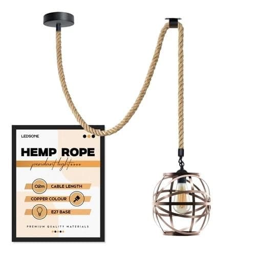 Image of LEDSone Hemp Rope E27 Single Head Pendant Light with Metal Black Wire cage Vintage Ceiling lamp for Living Room, Kitchen (Rope Height 200cm- Copper, with Bulb)