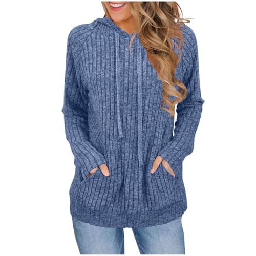 Image of Sweaters for Women Long Sleeve Shirts Fashion Hoodies Pullover Sweatshirts Ribbed Knit Jumper Basic Ladies Hoodie Oversized Loose Sweaters Casual Fall Outfits Clothes Fleece Tops with Pockets Navy