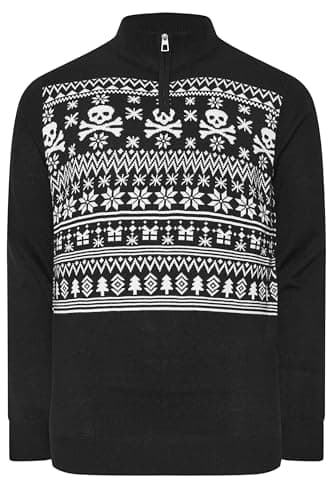 Image of BadRhino Big & Tall Quarter Zip Fairisle Skull Knitted Christmas Jumper - Men's - Plus Size Curve Black