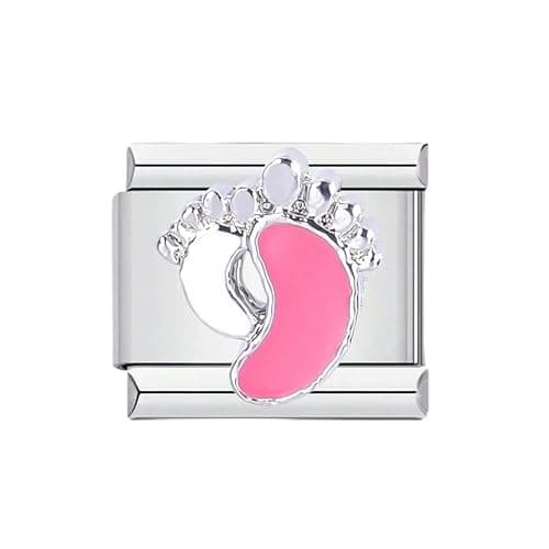 Image of Mon & Sons Sea Turtle Dog Dragonfly Butterfly Crown Bee Engagement Daughter Charm Silver Italian Link Stainless Steel Bracelet Charm Compatible With 9mm Bracelet (Daughter Feet Footprint Pink)