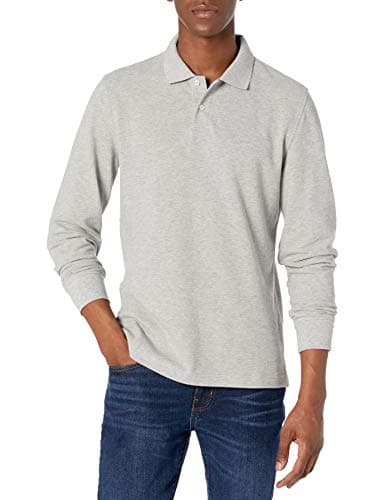 Image of Amazon Essentials Men's Slim-Fit Long-Sleeve Pique Polo, Light Grey Heather, M
