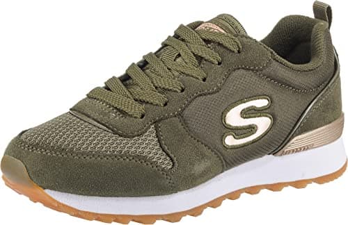 Image of Skechers Women's Og 85 Gold'n Gurl Trainers, Olive Suede Nylon Mesh Rose Gold Trim, 8 UK