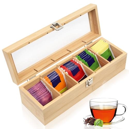 Image of SiGuLiKeJi Wooden Tea Box Organiser, Bamboo Tea Boxes with Compartments 5, Tea Bag Storage Organiser with Clear Window, Tea Caddy for Tea Bags Coffee Spices Home Kitchen Bar, 11.8x3.94x3.54