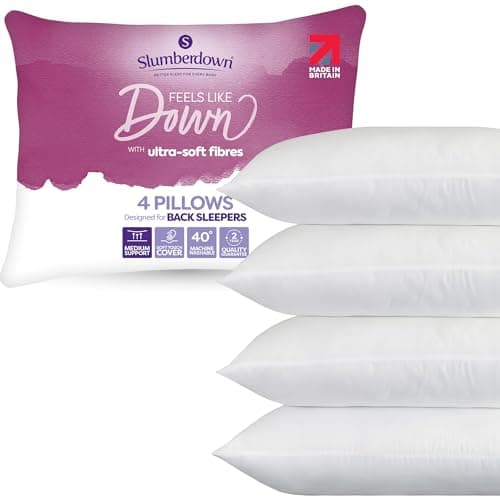 Image of Slumberdown Feels Like Down Pillows 4 Pack - Ultra-Soft Down Alternative Pillow for Front, Back & Side Sleepers | UK Made, Non-Allergenic, Machine Washable (48 x 74cm)