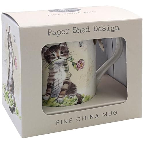 Image of The Leonardo Collection Paper Shed Design Cat with Rose Mug for Home & Kitchen | Stylish Ceramic Mugs for Tea & Coffee | Lovely Cup Set for Mens Gifts & Birthday Gifts for Women