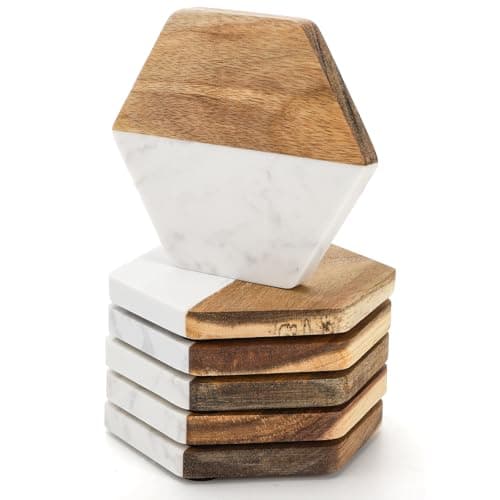 Image of ZENFUN Set of 6 Marble Wood Coasters, Hexagon Geometric Coasters, Handcrafted Marble Coasters Set for Your Drinks and Beverages, Tea, Coffee, Wine/Bar Glasses, Tabletop Protection Helper