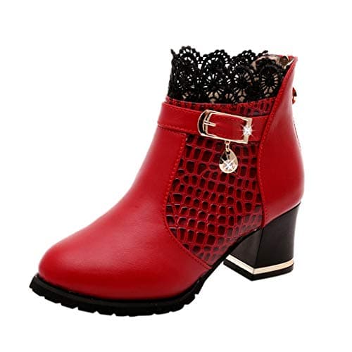 Image of Yowablo Women's Short Shaft Boots Autumn Winter Vintage Leather Ankle Lace Short Boots Shoes Grey Size: 8 UK