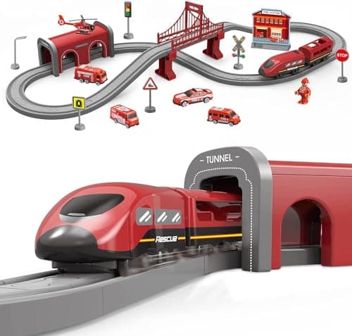 Image of XIAPIA Railway Learning Educational Toys, Train Sets for Kids Boys Girls Age 3 Years Up, 66 Pcs Electric Track Accessories Car Set (Red Fire Engine)