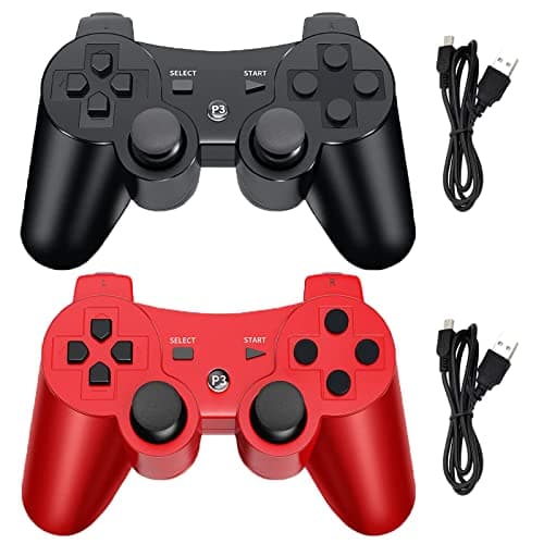 Image of Hovlian Wireless Controller for PS3, Built-in Dual Vibration Gaming Remote Joystick Compatible with Playstation 3,with Charger Cable Cord(Black+Red)