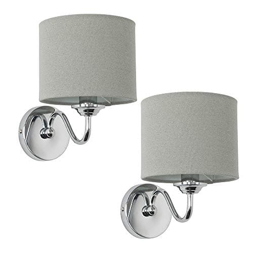 Image of MiniSun | Modern Chrome Curved Arm Wall Light Fittings with Grey Linen Drum Shades | Wall Lamps & Sconces, Home Décor & Improvement Essential | Set of 2 | Mains Wired