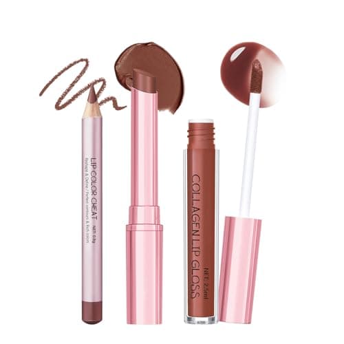 Image of 3PCS Velvet Matte Lip Kit, Waterproof Liquid Lipstick, Lip Liner & Plumping Lip Gloss, All-Day Wear, Hydrating Formula for Smooth Lips (Nude Brown)