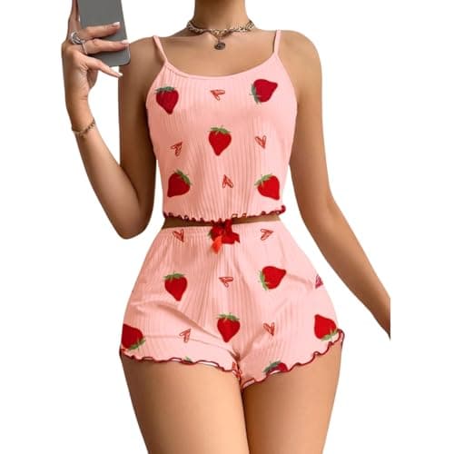 Image of Gatamiau Women’s 2 Pieces Heart Print Summer Pajama Set Scoop Neck Sleeveless Cami Tops + Shorts, Sexy Sleepwear PJ Set Soft Loungewear Nightwear (UK, Alpha, S, Regular, Regular, Pink+Strawberry)