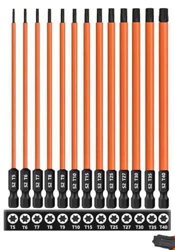 Image of Saipor 13-Piece 6 inch /150 mm Long Torx Bit Set for Impact Driver, S2 Steel Star Bit Set (T5-T40), 1/4'' Hex-Shank Magnetic Torx Screwdriver Bit, Torx Head Drill Bit Set with CNC Machined Tips