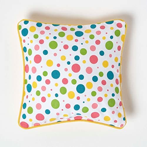 Image of HOMESCAPES - 100% Cotton - Polka Dots - Cushion Cover- 30 x 30 cm Square - 12 x 12 Inches - Multi Colour Orange Red Blue Yellow - 100% Cotton Sofa Pillow Cushion Cover - Washable