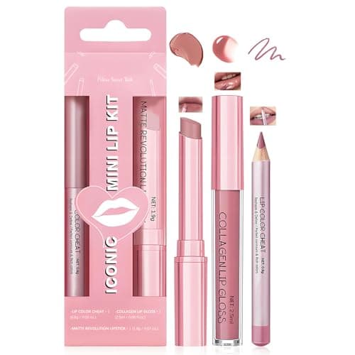 Image of ICONIC Mini Lip Kit in Pillow Sweet Talk - 3-Piece Matte Lipstick, Collagen Lip Gloss & Retractable Liner, Soft Pink Nude Long-Wearing Smudge-Resistant Travel Size Makeup Set