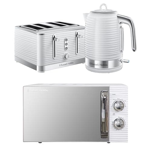 Image of Russell Hobbs Inspire White Kitchen Set, 1.7L 2400W Kettle, 4 Slice Toaster with Variable Browning Levels & 17L 700W Microwave with 5 Power Levels, Defrost & Reheat Functions INSPBNDL4W