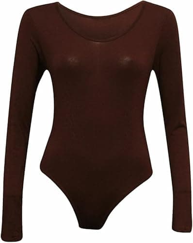 Image of ANZEE Womens Leotard Ladies Round Neck Long Sleeve Plain Stretch Bodysuit For Girls Shapewear Thong Sculpting Body Shaper Jumpsuit Ballet Dance Gymnastics Long Sleeve Leotard (Brown, One Size)