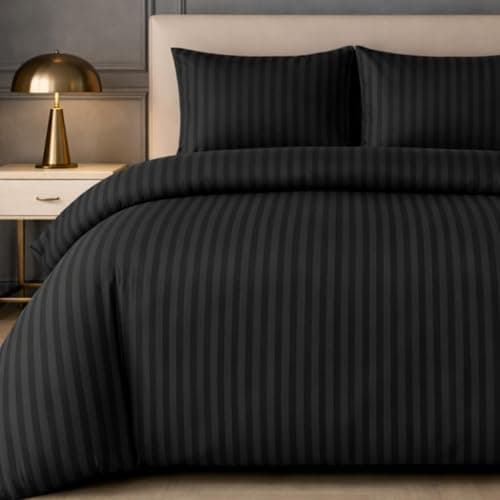 Image of Lazzaro Satin Stripe King Size Duvet Cover Sets - Premium Hotel Quality Quilt Cover King Size Bedding Set 3 Pcs - Ultra Soft Hypoallergenic Kingsize Duvet Cover Sets With Zipper Closure