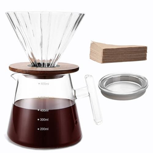 Image of Lalord Pour Over Coffee Maker, 600 ml Borosilicate Glass Set with 100 pcs Paper Filter, Walnut Collar & Glass Lid, Drip Coffee Maker, 1-3 Cups, Clear (glass handle)