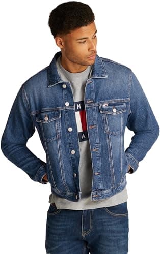 Image of Tommy Jeans Men’s Ryan Denim Jacket with Chest Pockets, Blue (Denim Dark), XS