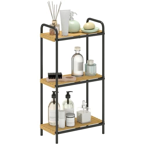 Image of HOMCOM 3-Tier Bamboo Bathroom Storage Shelf, Freestanding Narrow Shelving Unit with Slatted Shelves for Kitchen Bathroom Living Room, 41.5 x 21.5 x 77.5 cm, Natural and Black
